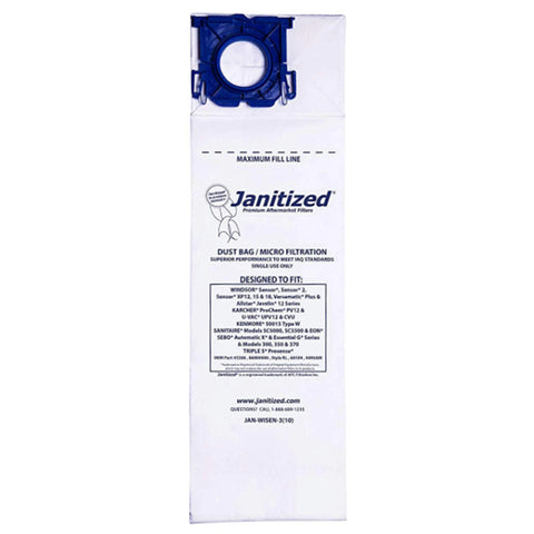 Janitized Micro Filter Vacuum Bags for Windsor Sensor, 2, XP12, 15 & 18, Versamatic Plus & Allstar Javelin 12'' series, 5300, 8.600-050.0