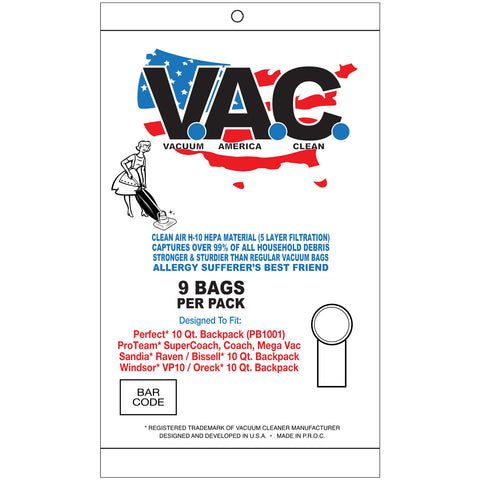 VAC18 H-10 HEPA Vacuum Bags, 9pk, for Perfect 10 Qt Backpack (PB1001); ProTeam SuperCoach, Coach, MegaVac; Sandia Raven; Bissell 10 Qt Backpack; Windsor VP10; Oreck 10 Qt Backpack