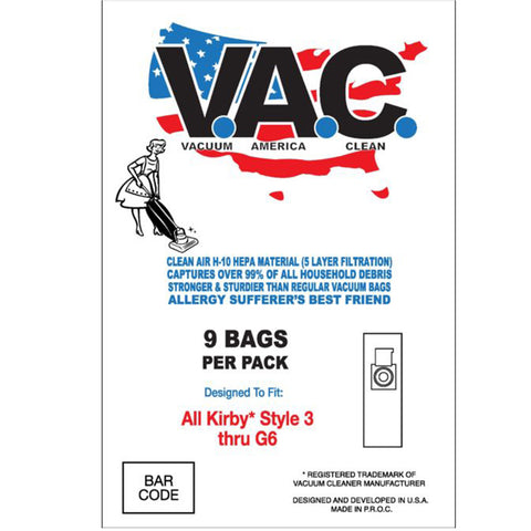 VAC28 H-10 HEPA Vacuum Bags, 9pk, for Kirby Style 3 Generation 3,4,5,6